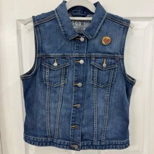 Gap 1969 Denim Vest Womens Medium Blue Jean Trucker Jacket Sleeveless Floral Pin